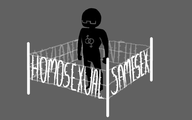 A male silhouette is standing, surrounded by a small square enclosure of barbed wire. Each side of the fencing has a different word spelled out with the wire: "HOMOSEXUAL", "SAME SEX", "DEVIANT", and "SINFUL".