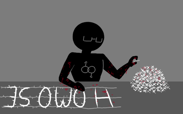 The male silhouette is shown with the barbed wire reading "HOMOSEXUAL". He is removing the individual barbs, and obtained cuts from doing so. He is shown with a double, linked mars symbol on his chest.