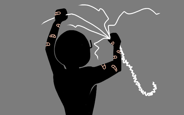 The male silhouette is shown assembling the scaffold for an umbrella using the wire he obtained from unbarbing the fencing. He now has Band-Aids covering his previous cuts.