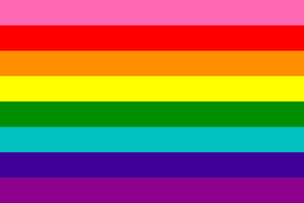 image of the original Pride flag with iconic pink stripe, followed by red, orange, yellow, green, blue, indigo, and violet stripes.