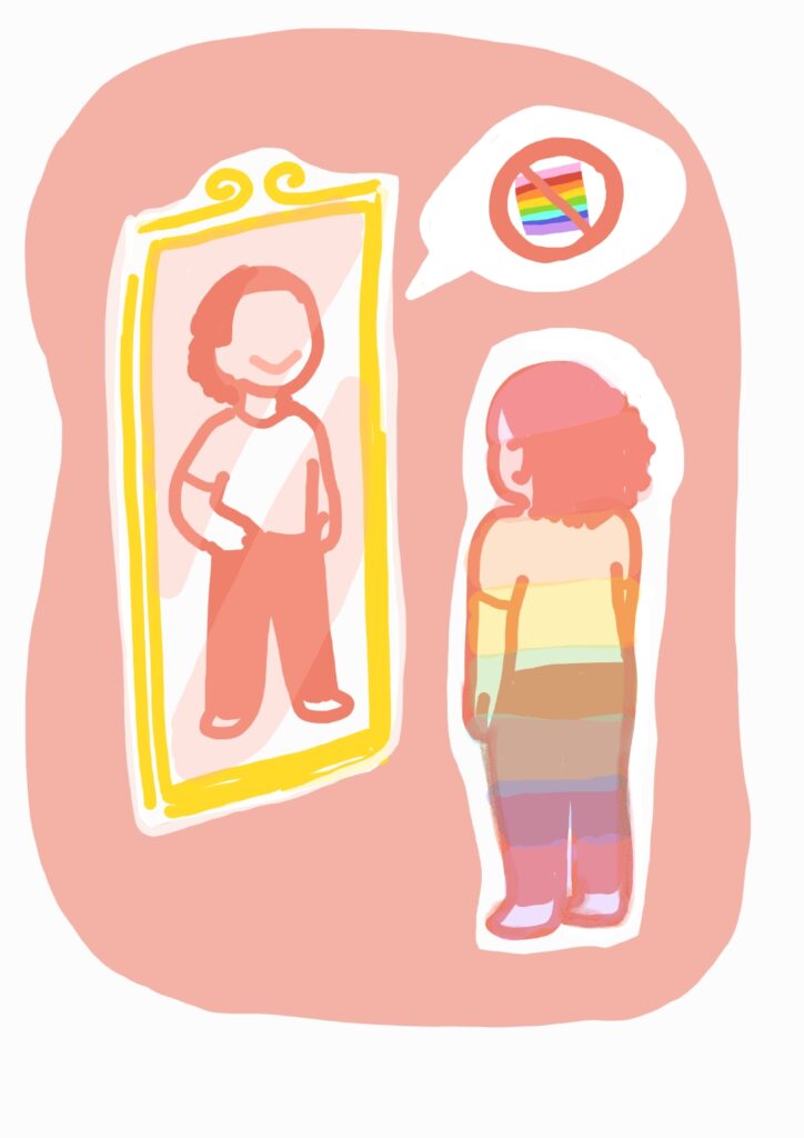 Image of a girl with the Pride Rainbow colors overlaid on her, as she looking into a mirror. The mirror reflects an image of herself in a more confident, hands-on-hip stance, with an off-putting grin. There is a "speech" bubble that is coming from this reflection, and the bubble has an image of a Pride flag crossed-out by a red circle and slash (the prohibition symbol).