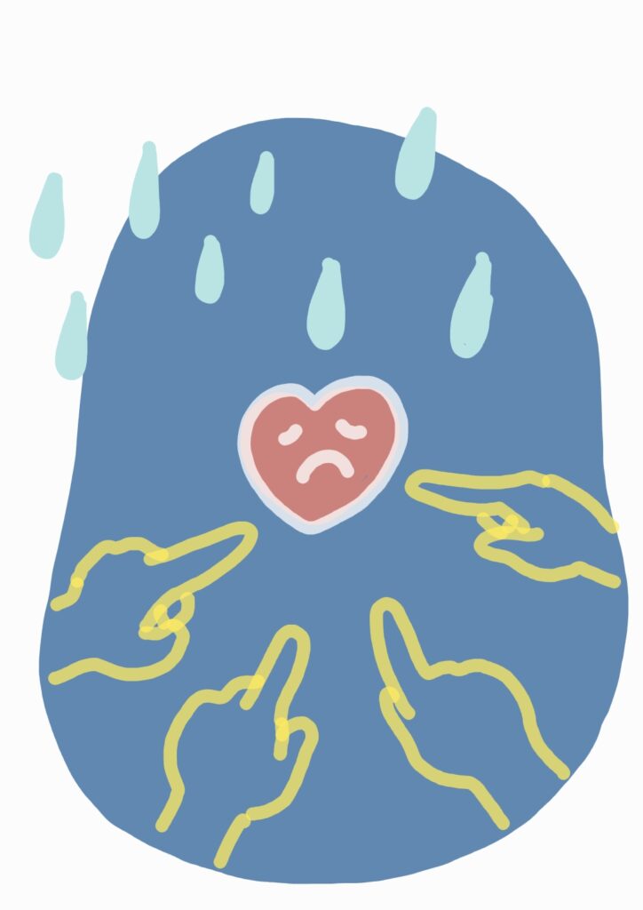 Image of a heart with a frowning, sad expression. The heart is being pointed at by four different hands. Above the heart are tear-drops which appear to be raining on the heart.