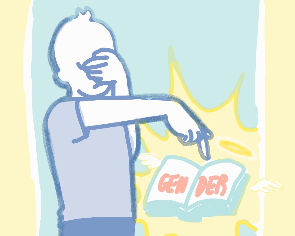 Image of a boy covering his eyes with one hand, and using the other hand to point to a glowing-yellow, open book that reads "GENDER". The book has small white wings and a halo.