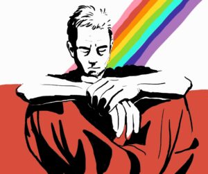 Image of a man sitting, grasping his hands together, and facing downward with his eyes closed in a contemplative/serious expression. The Polish flag is the background, with an 8-color rainbow behind the man.